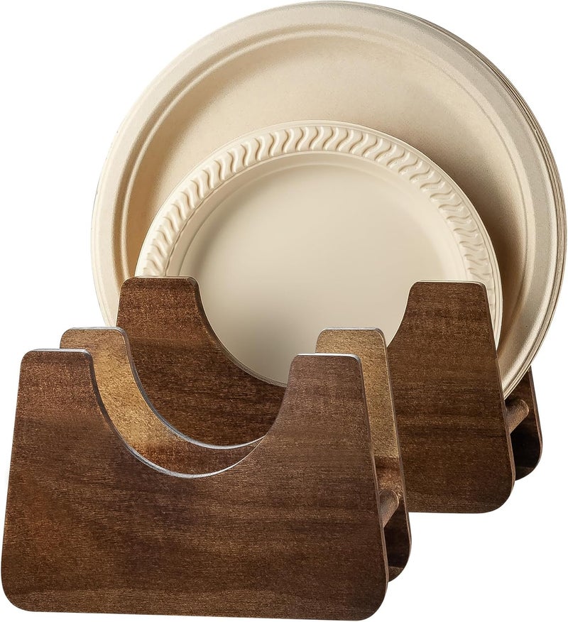 PTSTING Paper Plate Dispenser 2 PCS Acacia Wood Foam Plate Storage Organizer for 7-10 inch Disposable Plate,Paper Plate Holder for Cabinet,Countertop,RV or Outdoor - Image 1